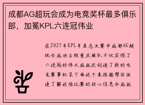 成都AG超玩会成为电竞奖杯最多俱乐部，加冕KPL六连冠伟业